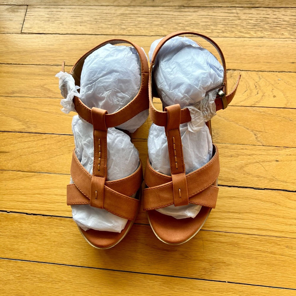 Tan and block heel sandals size 8